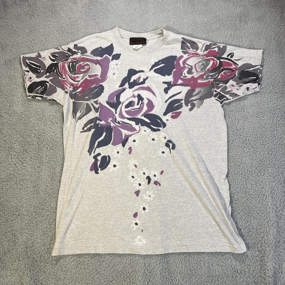 AOP single stitch women S/M grey tee vtg Marika 90’s flower